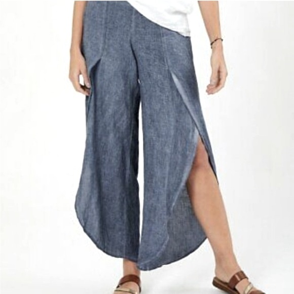 Drew Split Leg Pants Linen Blend Beach Vacation Summer Chambray Sz S - Picture 1 of 14